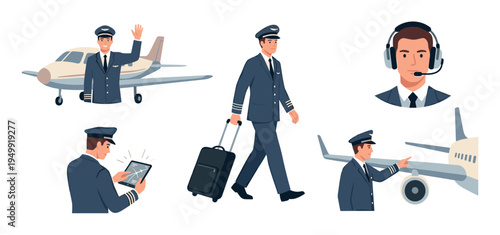 Set of airline pilot character illustrations showing a man in uniform waving, walking with luggage, wearing a headset, checking a tablet, and inspecting an airplane