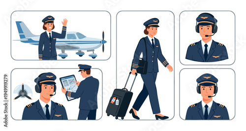 Pilot character illustration set shows male and female aviators in uniform waving by an airplane, walking with luggage, wearing headsets, and checking flight data on a tablet