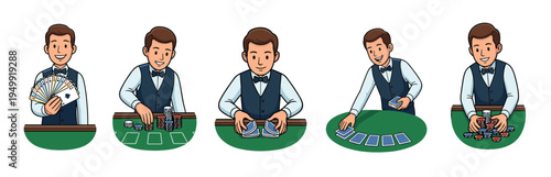 Set of five cartoon casino croupier illustrations showing a man dealing, shuffling cards, and handling poker chips at a green felt table in a friendly, professional manner
