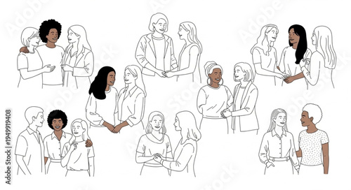 Diverse group of women in discussion and conversation.