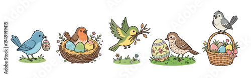 Set of five adorable cartoon birds celebrating the Easter holiday with decorated eggs, a nest, and a festive basket in a charming hand-drawn illustrative style