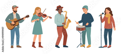 Diverse group of cartoon musicians performing as a band, including a guitarist, violinist, saxophonist, drummer, and a female vocalist singing into a microphone