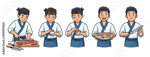 Set of cartoon sushi chef illustrations showing the step-by-step process of making nigiri, from slicing fresh tuna and shaping rice to serving a delicious plate of food