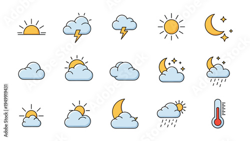 Meteorological weather forecast icon set showing sun, clouds, lightning, rain, and temperature symbols for climate tracking and news reports.