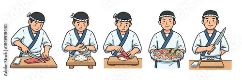 Sushi chef illustration set showing the step-by-step process of making traditional nigiri from slicing fish to serving a finished plate