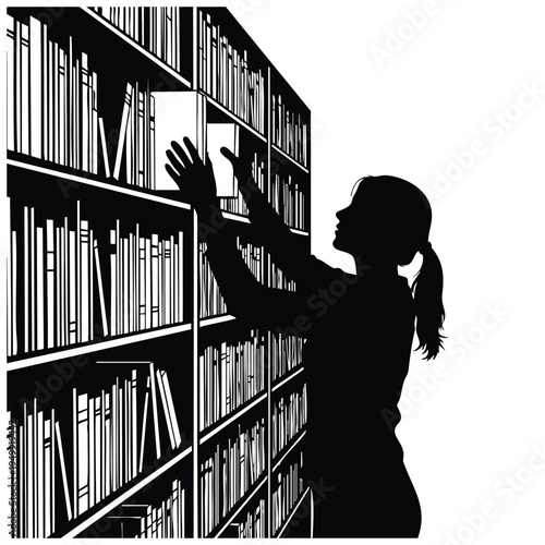 Librarian silhouette organizing books on shelves in library setting