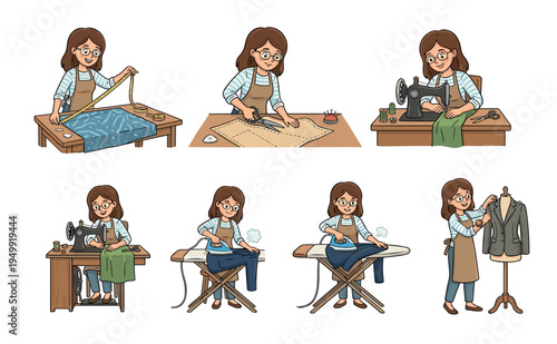 Set of cartoon illustrations showing the step-by-step process of tailoring, from measuring fabric and cutting patterns to sewing, ironing, and fitting a finished garment