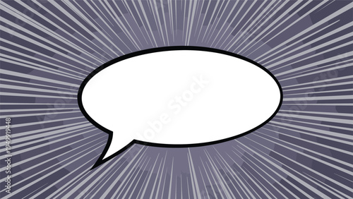 Blank white speech bubble on a dynamic purple radial background with motion lines represents comic book art, pop culture, and vibrant communication.