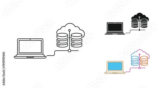 Cloud computing database connection to laptop computer shown in three different color and unique stylistic variants.