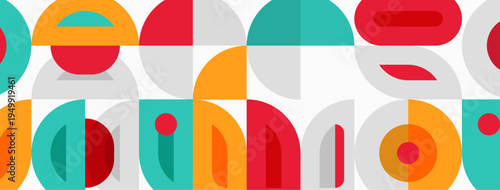 Geometric shapes repeat, creating colorful pattern. Circles, squares, rectangles interlock. Modern design evokes midcentury aesthetic.