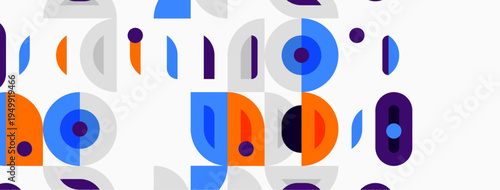 Abstract geometric pattern. Circles, lines create playful composition. Blue, orange, purple hues dominate design. Minimalist aesthetic.