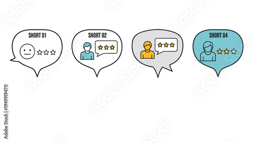 Customer feedback and star rating reviews shown through four colorful speech bubbles with diverse person avatars.