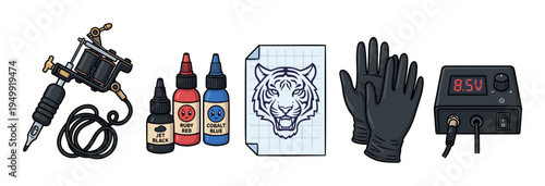 Set of cartoon tattoo artist equipment including a machine, ink bottles, a tiger sketch, gloves, and a power supply, illustrated in a bold, colorful comic style