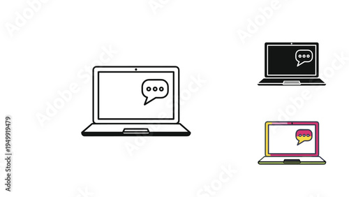 Three different styles of a laptop computer with a chat bubble and speech dots for digital communication and web messaging.