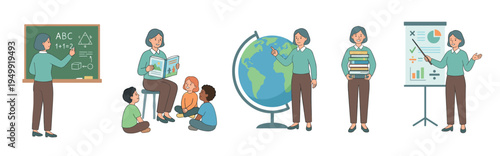 Female teacher character illustrated in five different educational poses, including writing on a chalkboard, reading to children, holding books, and giving a presentation with a chart