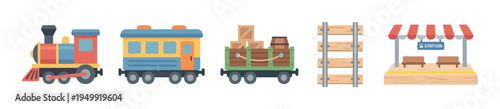 Set of colorful cartoon train illustrations including a locomotive, passenger car, freight wagon, railway track, and a small station platform, designed in a flat vector style