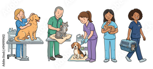 Set of diverse cartoon veterinarians providing medical care to animals, showing a dog on an exam table, a cat checkup with a stethoscope, and a puppy receiving a vaccination