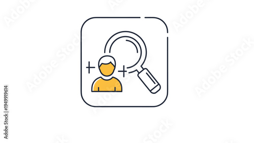 Recruitment and human resources icon featuring a magnifying glass searching for the ideal candidate for a job vacancy in a professional corporate environment.