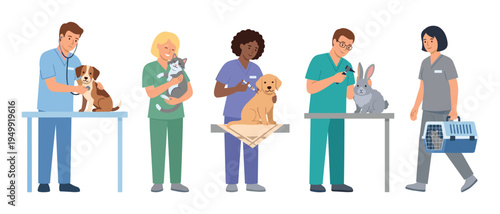Diverse group of veterinarians and assistants provide medical care to various pets including a dog, cat, puppy, and rabbit, showcasing examinations, vaccinations, and transport