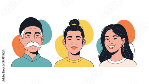 Multi-generational avatars including an elderly man, a young man, and a smiling woman symbolize diversity and demographic inclusion for community apps.
