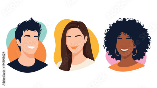 Diverse group of young people avatars representing inclusivity and multicultural representation in a modern flat illustration style for web profiles.