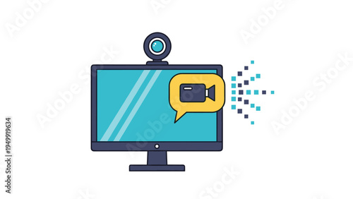 Remote work and video conferencing setup with a computer monitor, high definition webcam, and video call notification symbol for digital meetings.