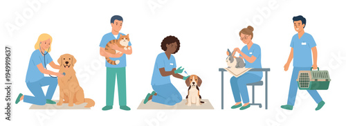 Set of diverse veterinarian characters treating pets in a clinic, with a dog examination, puppy vaccination, cat checkup, and rabbit treatment in a flat vector illustration