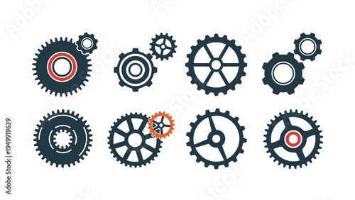 Collection of mechanical gear and cogwheels in various configurations symbolizes industrial engineering, efficient teamwork, and technical cooperation.
