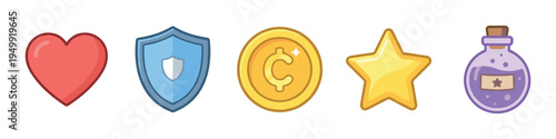 Set of colorful cartoon game icons including a heart, shield, coin, star, and potion, representing life, defense, currency, score, and magic for a user interface