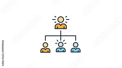 Corporate hierarchy and organizational chart with people icons connected by lines shows management structure, team leadership, and business roles.