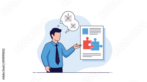 Professional businessman presenting a poster with puzzle pieces and strategy icons symbolizes collaboration, problem solving, and effective teamwork.