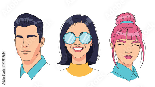 Modern female avatars with unique hairstyles and stylish accessories like sunglasses represent personal branding and diverse identities for social media.