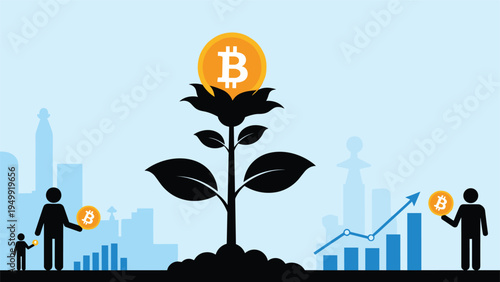 Cryptocurrency financial growth concept featuring a Bitcoin gold coin blooming from a plant against a blue city skyline background for investors.