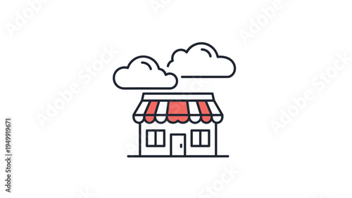 Small retail shop building with a red and white striped awning under fluffy clouds represents local commerce, boutique shopping, and entrepreneurship.