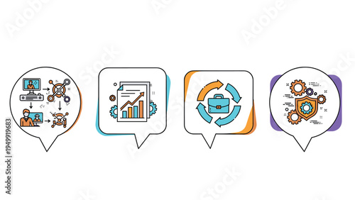 Business intelligence and data analysis infographics in speech bubbles show charts, process cycles, and gear shields for strategic planning success.