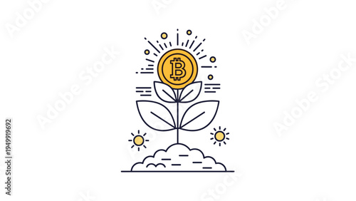 Bitcoin investment growth concept showing a cryptocurrency gold coin as a blooming flower in soil with sun and sparkle icons for financial gain.