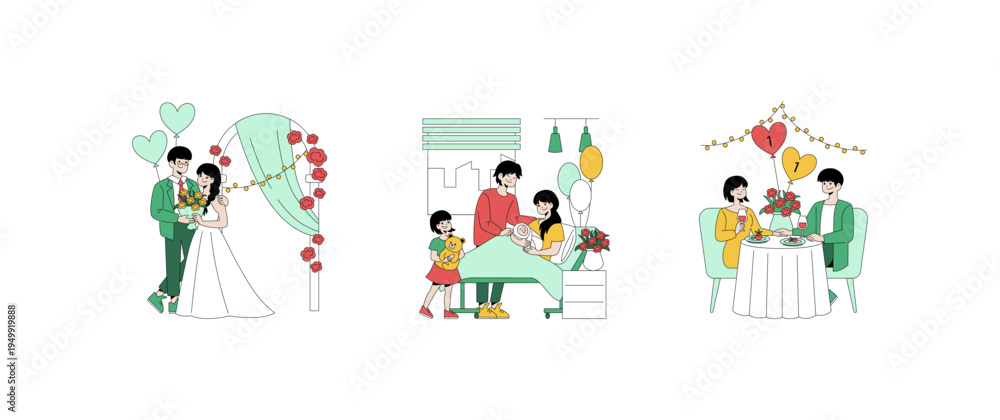 Fototapeta premium Wedding Celebration Family Moments Romantic Dinner Illustration