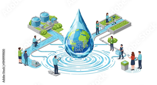 Illustration of people engaging in water conservation activities around a large water droplet with Earth inside, symbolizing World Water Day and global water sustainability concept with