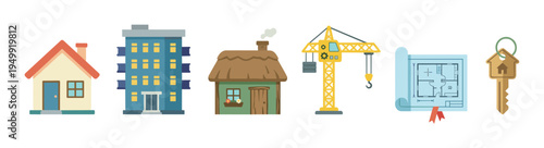 Set of real estate icons featuring a house, apartment building, cottage, crane, blueprint, and key in a flat cartoon style for property and construction concepts