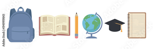 Set of school supplies and education icons including a backpack, book, pencil, globe, mortarboard, and notebook in a flat design vector illustration style for academic concepts