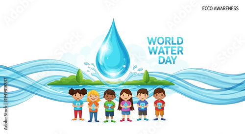 Vector illustration of diverse children standing on land with a large water droplet and wavy blue lines, promoting World Water Day and water conservation awareness on a clean white