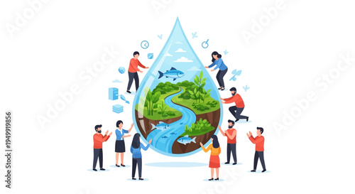 Illustration of people around a large water droplet with Earth inside, symbolizing world water day and conservation awareness with a clean design.