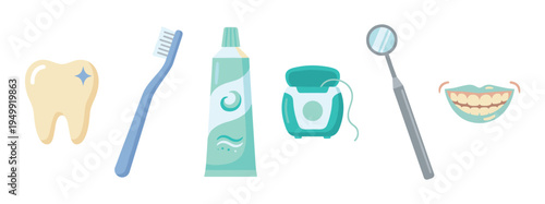 Set of dental care and hygiene icons including a tooth, toothbrush, toothpaste, floss, dentist mirror, and a healthy smile, shown in a simple flat cartoon illustration style