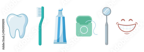 Dental care and oral hygiene icons set including a tooth, toothbrush, toothpaste, floss, dentist mirror, and a happy smile, representing a flat vector illustration for health concepts