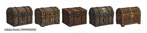 Set of cartoon wooden treasure chests with different designs, including a pirate skull, ornate carvings, and rustic locks for a fantasy game or adventure concept