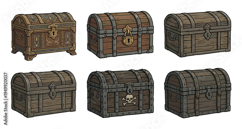 Set of six illustrated wooden treasure chests with different designs, including an ornate casket, a pirate box with a skull, and a coffer with a padlock for a fantasy adventure