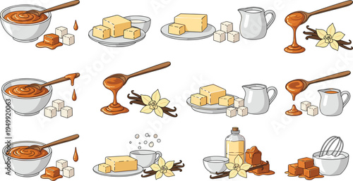 Caramel Dessert Ingredient Vector Set Featuring Caramel Sauce Bowl, Butter Cubes, Sugar, Cream Pitcher, Vanilla Pods, and Sweet Syrup Drip Elements