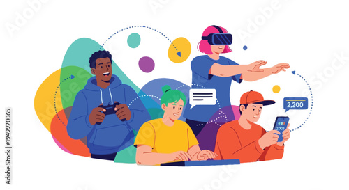 Diverse group of young people enjoying virtual reality gaming and social media on various devices together