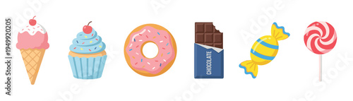 Set of six sweet dessert illustrations featuring a pink ice cream cone, blue cupcake, glazed donut, chocolate bar, wrapped candy, and a swirl lollipop in a simple cartoon graphic style