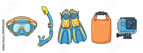 Colorful cartoon set of snorkeling equipment including a mask, snorkel, flippers, dry bag, and action camera for summer vacation adventures, illustrated in a fun, simple style